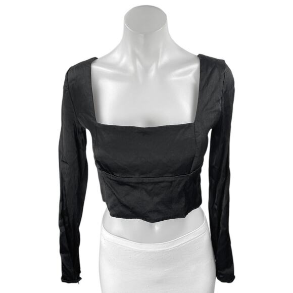 Zara Black Silky Satin Long Sleeve Square Neck Lace Up Back Crop Blouse Top Sz M - Picture 1 of 3